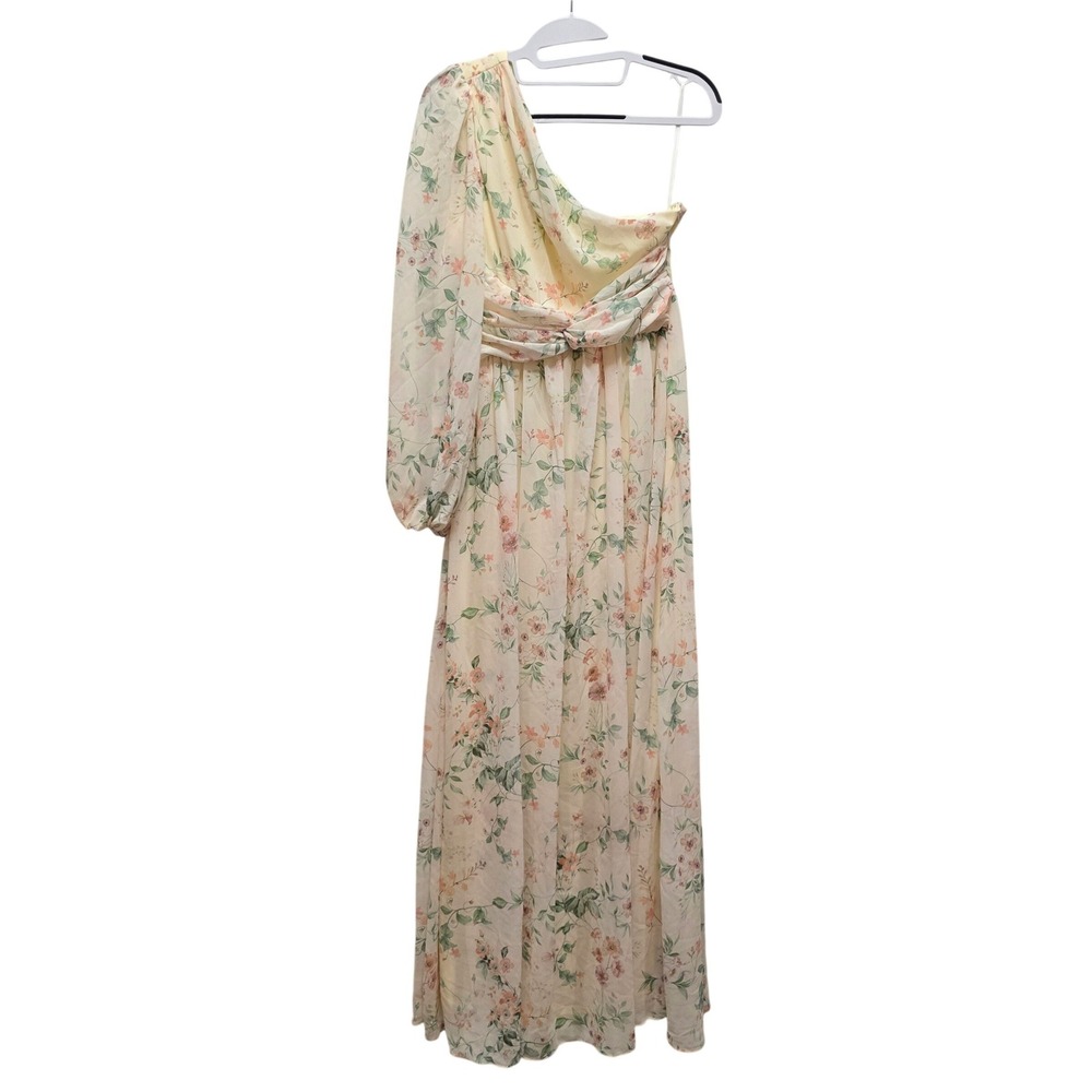 Romantic Cottagecore Floral One Shoulder Flowy Maxi Dress Pastel Cream Pink Sz M